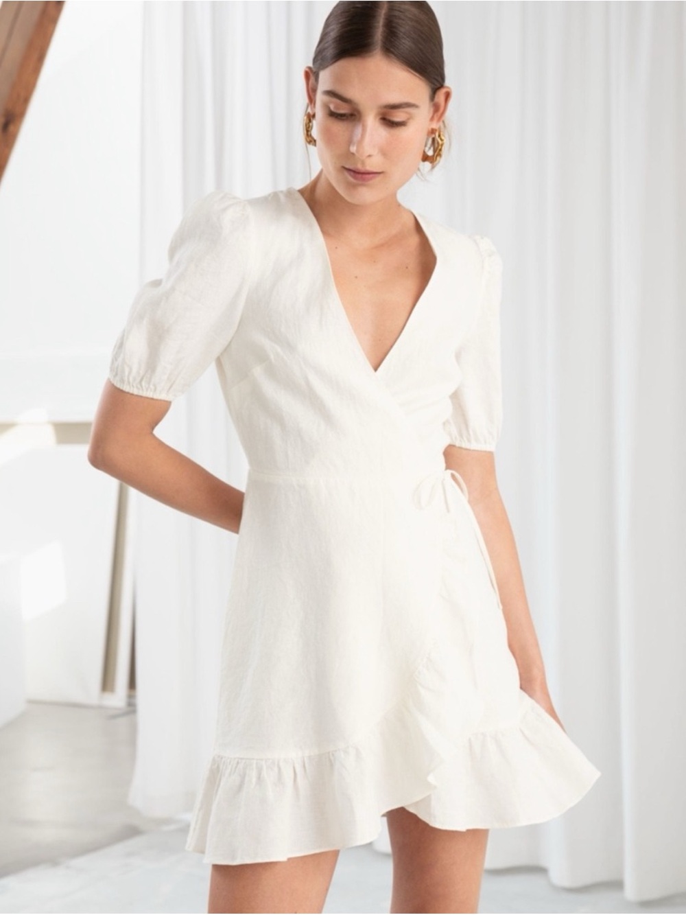 & Other Stories linen puff sleeve wrap mini dress ivory